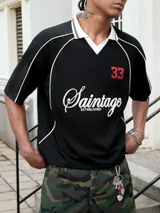 Men's Short Sleeve Polo T Shirt Contrast Piping V Neck Collar Athletic Jersey Top, Mid Length Casual Streetwear Tee, Loose Fit Summer Fashion Shirt for Men, Graphic Number Print Rugby Inspired Pullover, Daily Outing Party Tops with Clean Sporty City Vibe.