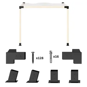 Pergola Kit – 15° Slanted Bracket Set for 3.6" x 3.6" Lumber. 6 Pieces: 3-Way Brackets, Post Bases & Wall Mounts. 0.1" Steel. Powder-Coated. 128 Screws + 16 Expansion Screws