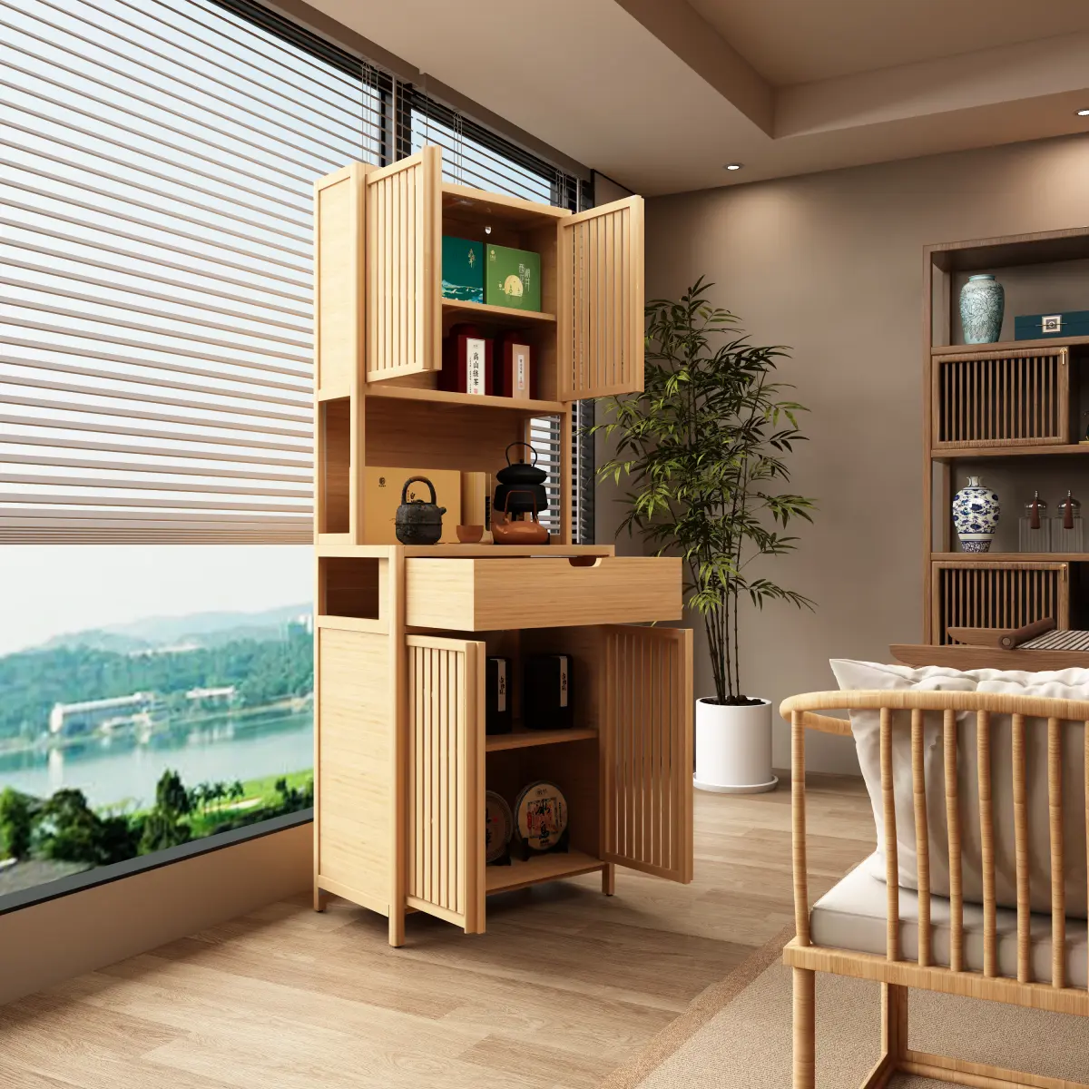 72-foot-tall, wood-coloured, double-door bamboo high-capacity storage cabinet for main living spaces such as dining rooms, bedrooms, and living rooms