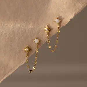 Opal & Star Duo Chain Studs by Caitlyn Minimalist - Double Piercing Dangle Earrings - Celestial Jewelry - Perfect Gift for Her