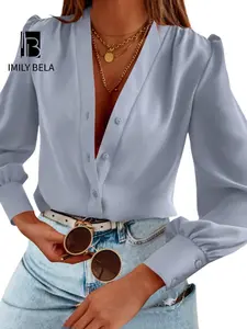 Women's Plain Button Front Bishop Sleeve Blouse, Elegant V Neck Long Sleeve Top For Work Office Business, Ladies Spring & Fall Clothes