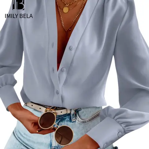 Women's Plain Button Front Bishop Sleeve Blouse, Elegant V Neck Long Sleeve Top For Work Office Business, Ladies Spring & Fall Clothes