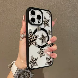 Adorable Magnetic Case for iPhoneX/11/12/13/14/15/16/17/Air/Plus/promax Sparkly Leopard Stars MagSafe Compatible, Lightweight, Anti-Fall |     Girly & Chic Style