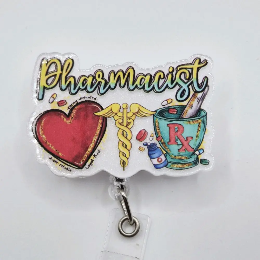 Pharmacist Acrylic Retractable Badge ID Reel Belt or Alligator Clip hospital worker