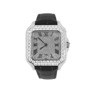 Moissanite Black Croco Half Iced Leather Band Watch Bezel 9.6ct