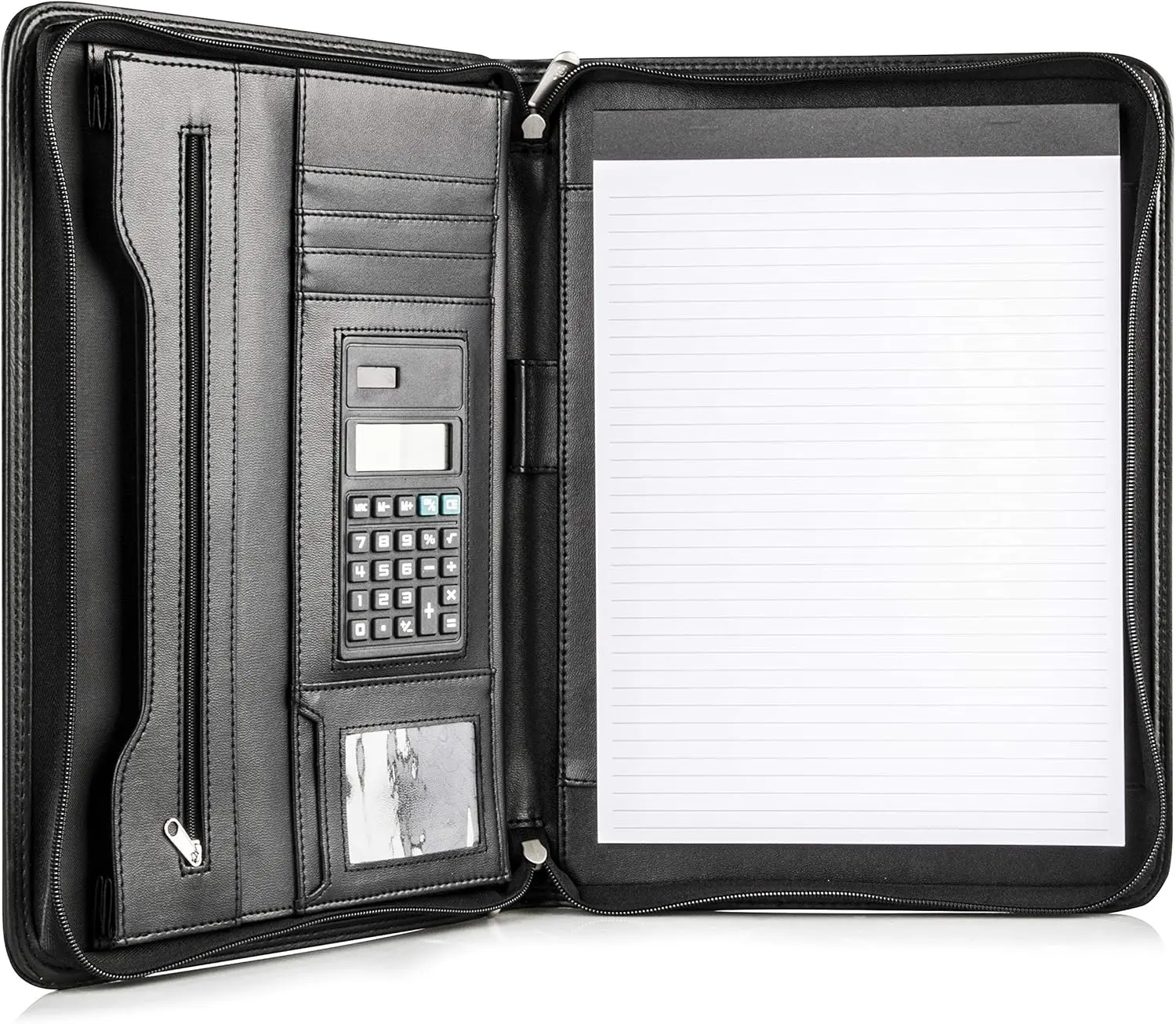 Black Superior Vegan Leather Business Portfolio with Zipper – Padfolio All-In-One. Smartest Protective 10.1 Inch Tablet Sleeve, Presentation Slot, Solar Calculator, Card Storage, Writing Pad COSSINI