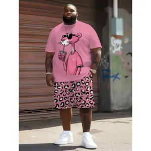 Plus size Men's pink leopard 3D print T-shirt set, leopard shorts, casual round neck, PLUS SIZE