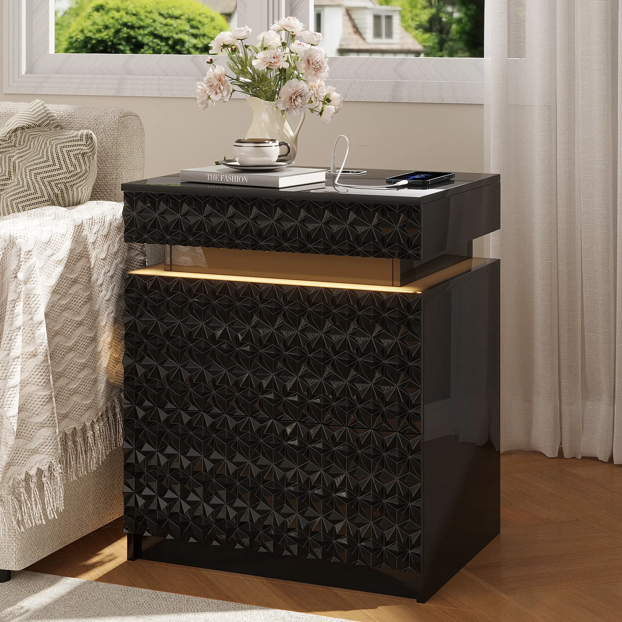 Lvifur LED Nightstand with Motion Sensor, 3-Color Adjustable Lights, 2 Drawers, Lockable Hidden Bin, Built-In Fast-Charging Ports, Geometric Certified Wood Design, Tamper-Proof Lock, Modern Bedroom Furniture, Self-Assembly