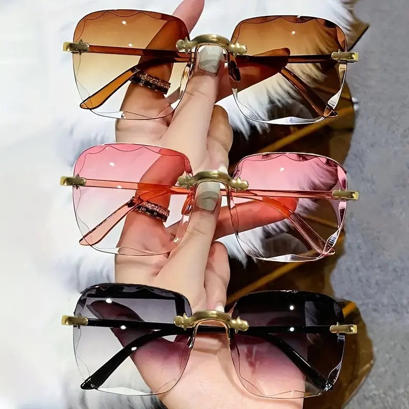 Fashionable Frames Sunglasses - 3-Pair Unisex Tac Plastic Frameless Square Glasses, Gradient Tortoiseshell, Golden-Toned Frame, Decorative Lenses, Trendy Sun Glasses for Casual Daily Wear, 3 Pieces, Polycarbonate