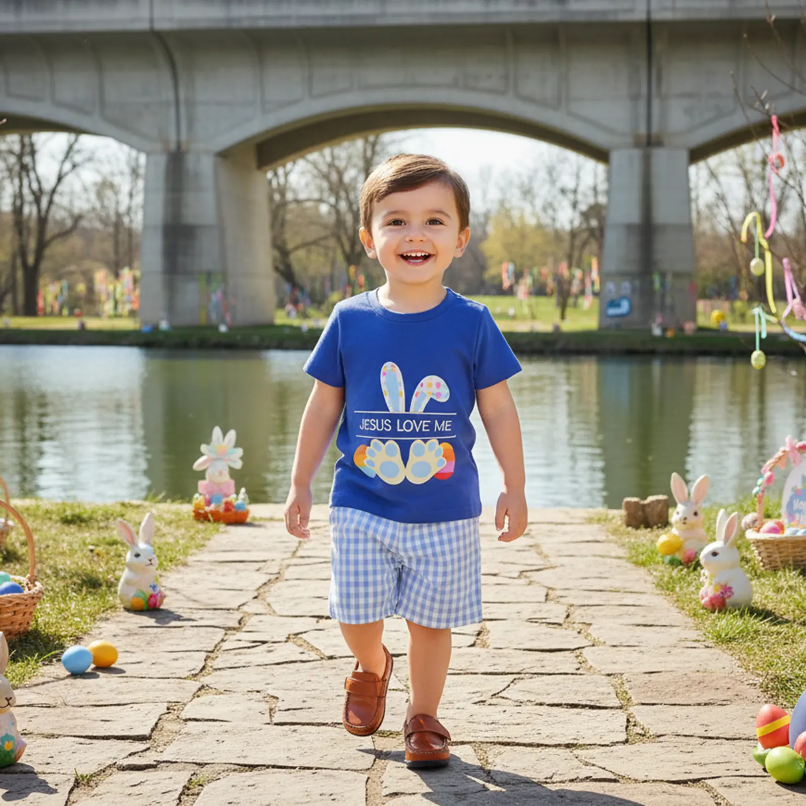 Toddler Boy Easter 2-Piece Summer Clothing Set - Bunny Ear Print Short-Sleeve Crew Neck T-Shirt, Plaid Elastic Waist Pants, Baby Gift Set, 2 - 3 Years, 0-6 Months, 1 Tops + 1 Shorts, 12 - 18 Months