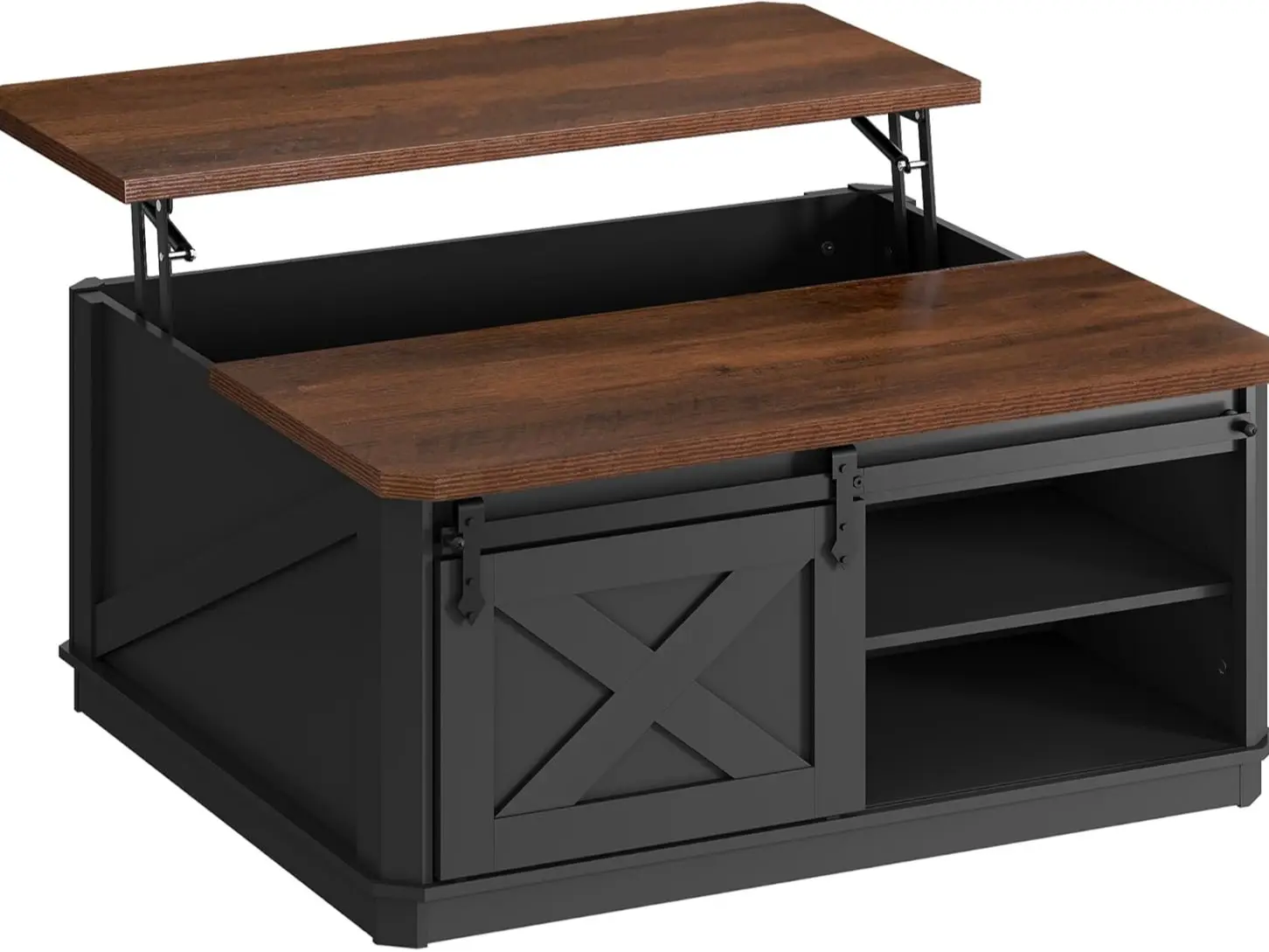 WLIVE Farmhouse 35.5" Lift-Top Convertible Accent Coffee Table with Storage, Square Rustic Cocktail Table with Sliding Barn Doors & Curved Base, Black Indoor Living Room Furniture, Convertible Coffee Tables