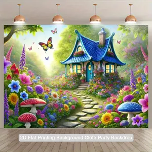 2D Flat, 1pc Enchanted -Tale Cottage 2D Flat Backdrop Tapestry - Blue Roof & Theme with Greenery, Multicolor Flowers, Butterflies & Mushroom Houses - Indoor/Outdoor Party Decor, Birthday Photo Background, Studio Props (, 2D Flat, Two Sweet Backdrop,