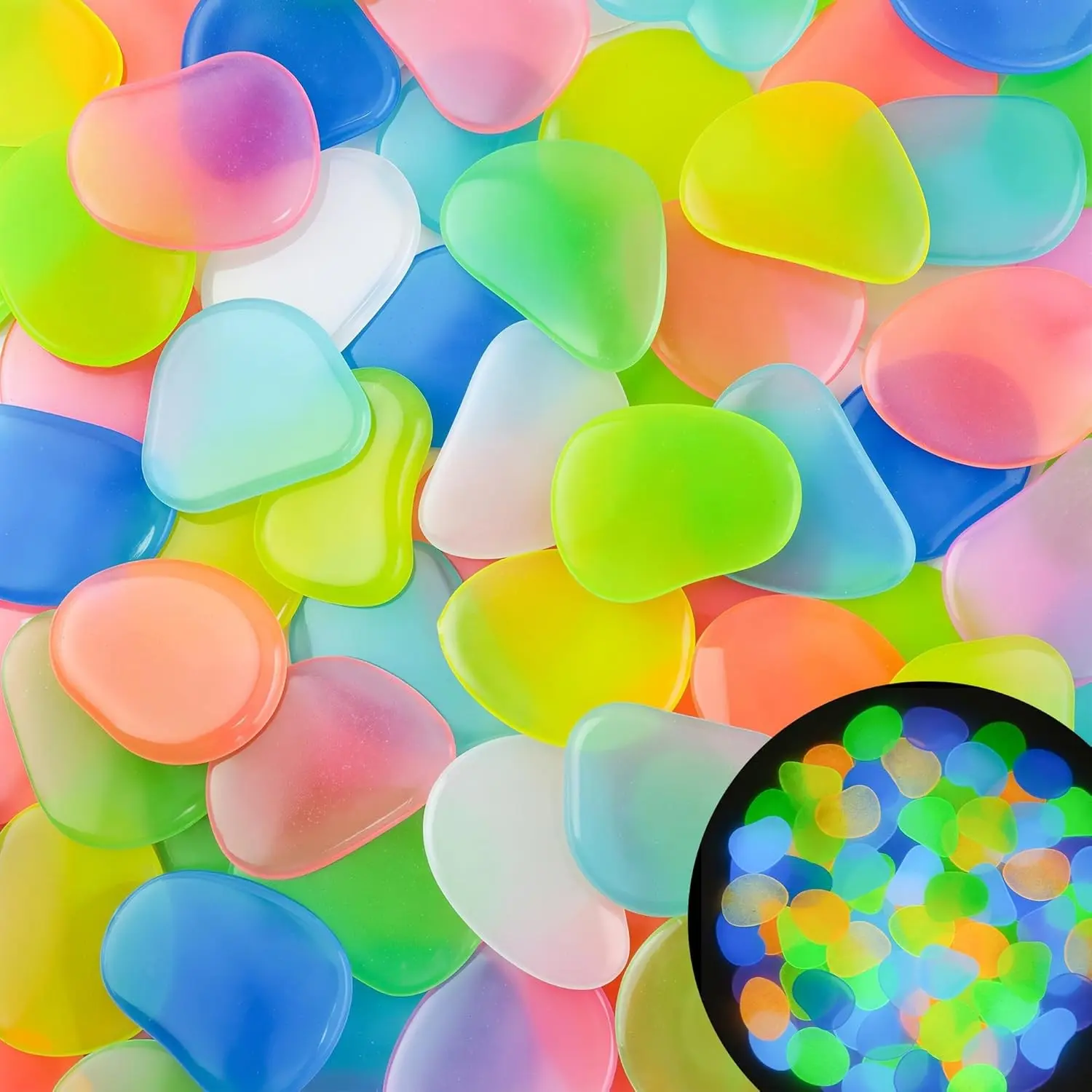 50PCS 1.2-1.6" Mixed Color Flake Shape Luminous Stone Glow in The Dark Pebbles Glow Rocks for Outdoor Garden Aquarium Yard Walkway Pathway Plant Pots