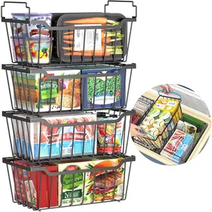 -Freezer Organizer Bins with Foldable Handle, 4 Pack Stackable Freezer Baskets for 5-7 Cu.FT, Sort Frozen Meats and Food, Freezer Bins Utilization-Black