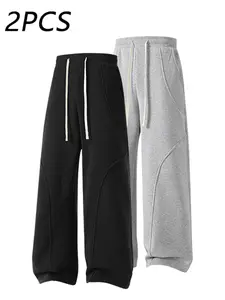 2-Pack Men's Solid Loose Straight Casual Pants,Unisex Versatile Sports Trousers,Plain Joggers,Splicing Design Sweatpants,For Daily Wear,School,Going Out,For Fall Menswear,available in 2 pack & 1-pack options,Please place an order according to size chart