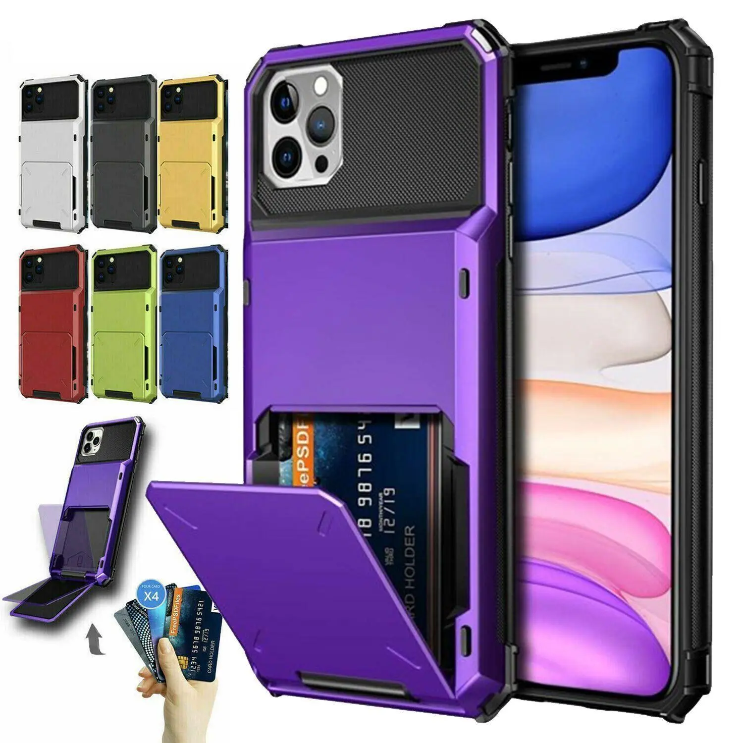 [Free/ship] For iPhone 17 16 15 14 13 12 11 Pro Max Credit Card Storage Flip Back Armor Cover Shockproof Hybrid Back Card Slot Holder Slide Wallet Case
