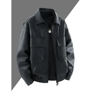 Men's Utility Style Jacket Coats in PU Leather, Loose-Fitting Design with Large Pockets for Street Fashion, Ideal for Urban Cool in Fall & Winter