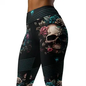 Night Floral Skull Print Yoga Legging, Gymwear, Leggings For Women, Yoga Pants, Women's Activewear, Gym Pants, Halloween Leggings, Aerobics Women's Leggings, Yoga Pants, High Waist Hunting Tights, Women's Outdoor Fitness Outfit