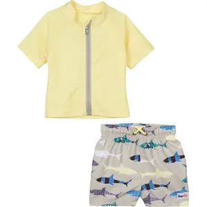 Boys Short Sleeve Zipper Rash Guard and Swim Trunk Set | "Shark Feast"