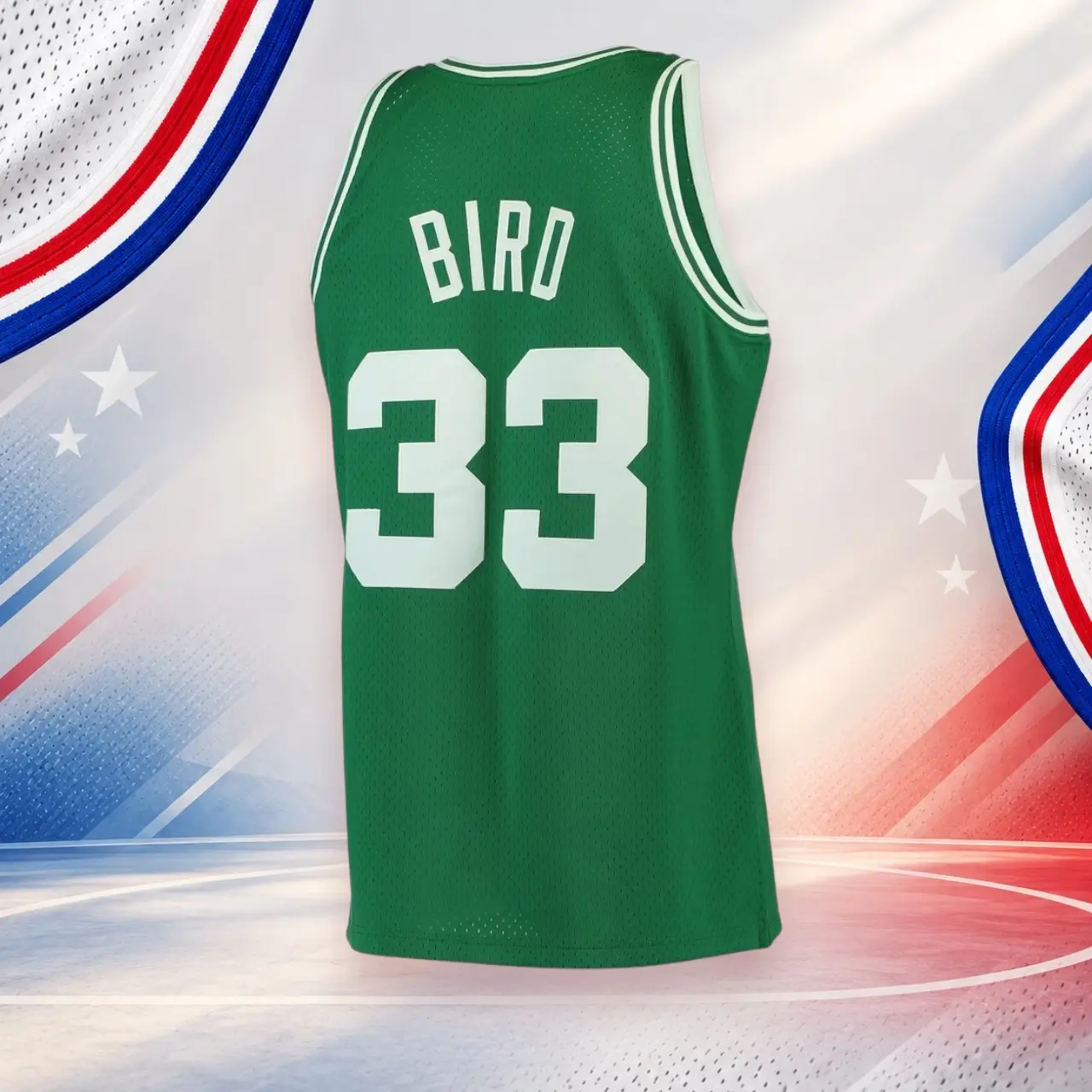 Full Print Bird #33 Basketball Jersey, Boston Green Sleeveless Round Neck Mesh Sports Shirt, Vintage Basketball Fan Apparel, Unisex Game Day Outfit, Breathable Athletic Activewear, Casual Streetwear Basketball Tank Top