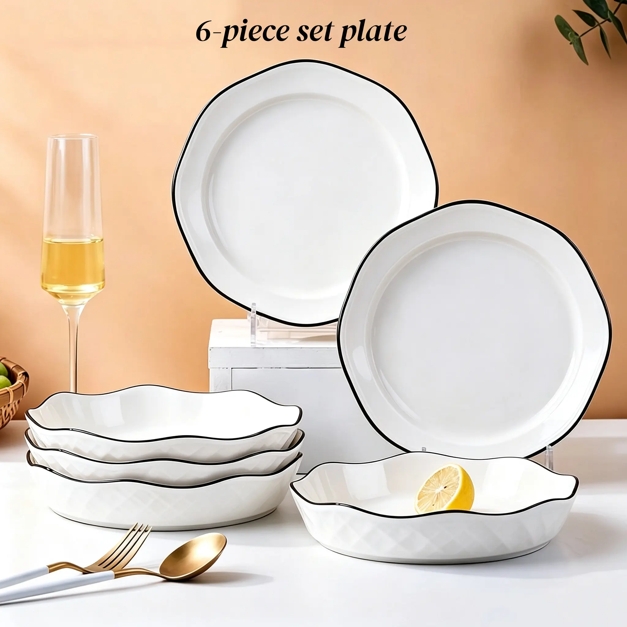 6-Piece 8-in Black Lace Diamond Embossed Ceramic Round Dinner Plates, Microwave & Dishwasher Safe, Ideal for Steak, Home Gatherings