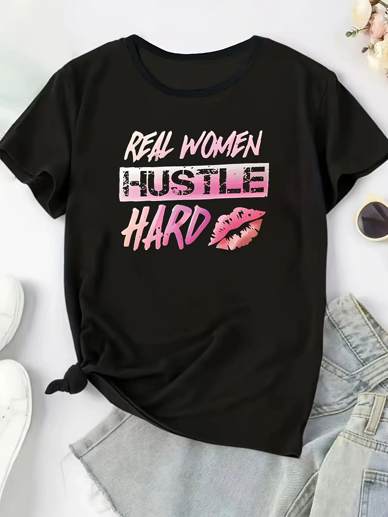 Letter Print Plus Size Black Women's T-Shirt