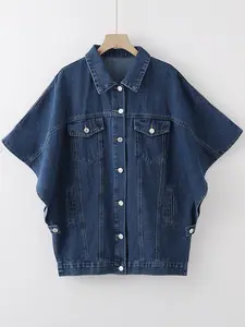 Women's Batwing Sleeve Denim Jacket, Deep Wash Loose Fit Short Sleeve Single Button, Casual Pocket Shirt Style Jeans Top