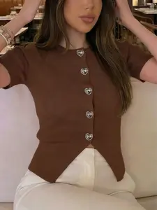 New spring/summer round-neck heart-buttoned knitted cardigan, casual for commuting, regular length, Holiday pink Valentine's Day short-sleeved women's top, perfect for summer daily commuting wear, great for beach and vacation outf, Soft Knitwear