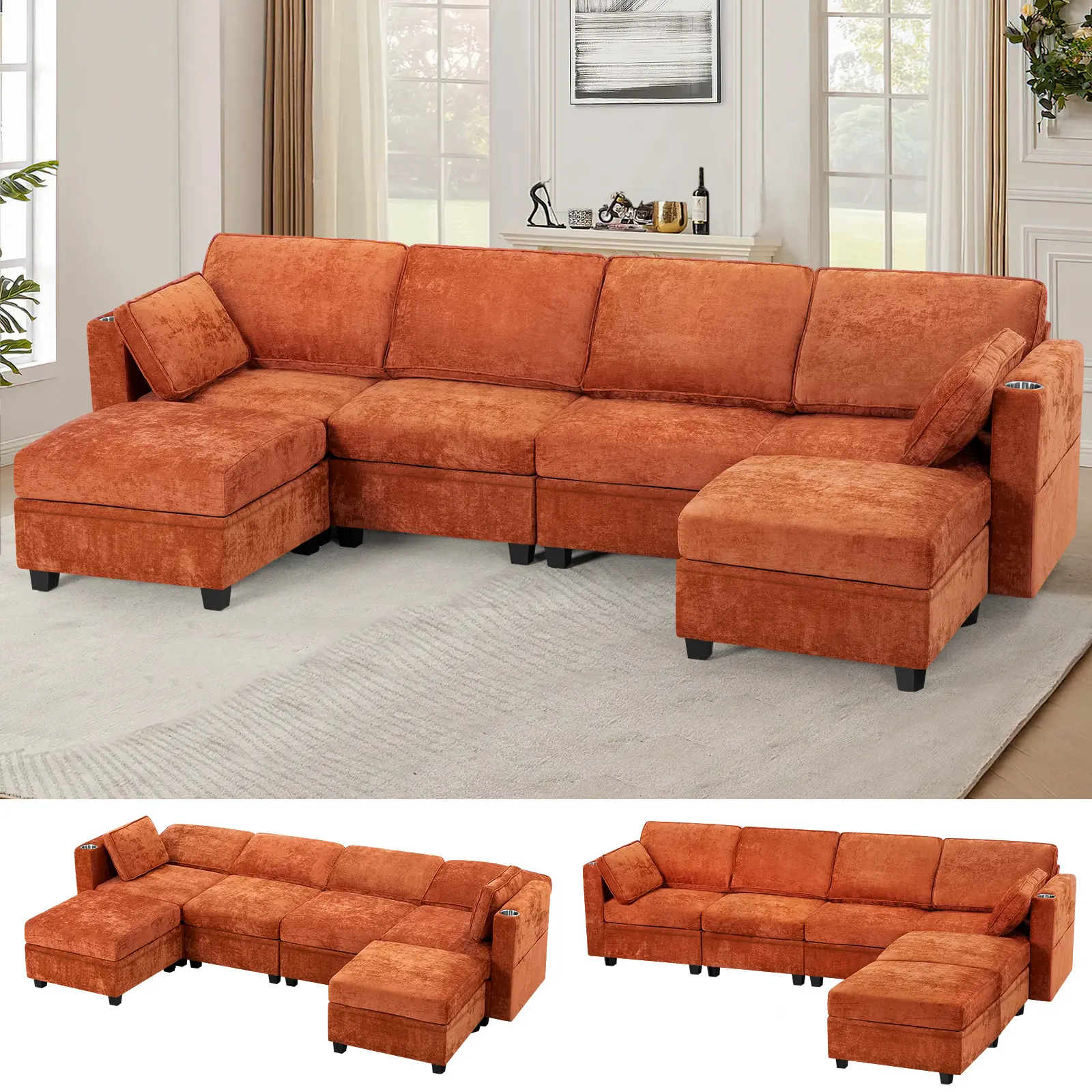 ACMEASE 110" Chenille 4 Seats Sofa w/2 Movable Storage Ottoman, Sectional Sofa w/Adjustable Backrests, Fabric Couch w/USB&Type-C Ports, Cup Holders for Living Room
