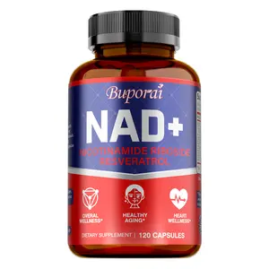 Buporai NAD+ dietary supplement, 120 capsules, contains trans-resveratrol and Rhodiola rosea extract to support skin health and overall well-being.