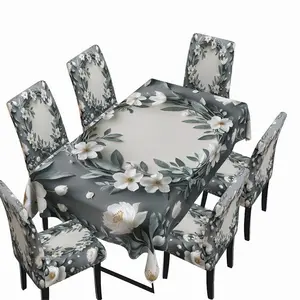 White Floral Tablecloth & Chair Covers Set (2/5/7PCS) Dining Chair Slipcover – Elegant Gray Leaf Design, Dining Room Decor
