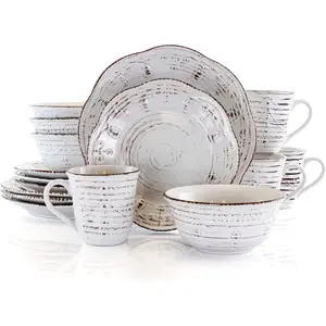 Rustic Birch 16 Piece Embossed Scalloped Stoneware Round Dinnerware Set in White with Brown Accents