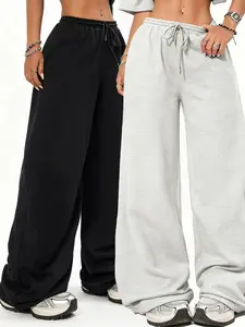 2 pc Drawstring Waist Wide Leg Joggers - Loose-Fit Casual Lounge & Streetwear Pants Wide Leg Sweatpants