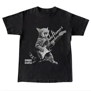 Deftones Cat Playing Guitar Graphic Tee - Rock Music Meme Shirt, Vintage Style Deftones Kitten Guitarist T-Shirt - Black Streetwear, Meme Cringe Funny Dumb Shirts, Unisex Shirt Menswear Womenswear Streetwear Cotton Comfort
