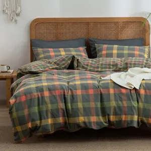 Twin XL Plaid Duvet Cover Set Orange Grey Green Gingham Bedding Set Soft Washed Cotton Reversible Modern Cozy Duvet Cover with 2 Pillowcases for Teen Boys 68x90 Inch