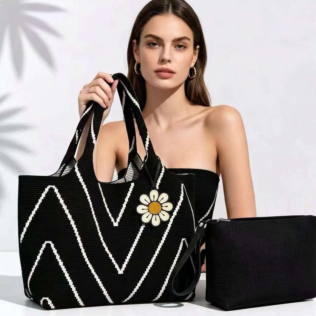 Women's Black White Chevron Knit elegant quilt Tote Bag Set with Pouch, Large-Capacity crochet ocean bag Reusable Shoulder Bag for Work & Beach