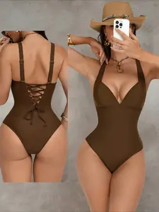 Women's Elegant Plain Color Coffee V Neck Back Tie String One-Piece Swimsuit, Sleeveless Slim-Fitting Quick Dry Swimwear