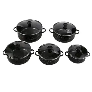 Enamel Pitting Pot, Thickened Glass Lid Enamel Five-piece Set, Black Pitting Saucepan, Stew Pot, Cookware