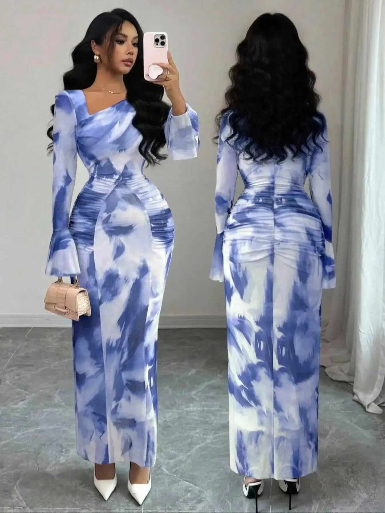 Women's French Vintage Tie-Dye Print Mesh Ruched Bodycon Mini Dress, Cocktail Dress, Fall New Fashion Bell Sleeve Tight Fit, Elegant Casual Wear, Elegant Romantic Dress, Elegant Draped Style
