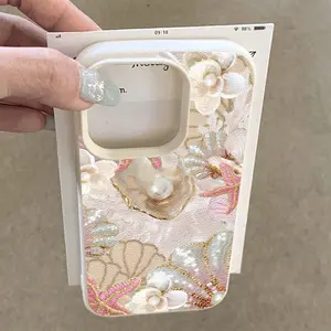 Luxury Pearl Shell Embroidered Phone Case for iPhone 11 12 13 14 15 16 Pro Max Series, Soft Protective Cover, Gift for Girlfriend Boyfriend Friend