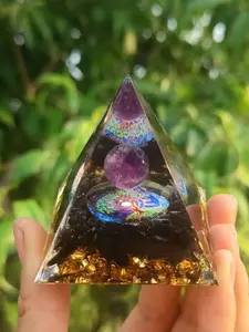Organic Pyramid Decorative Piece, Crystal Ball & Obsidian Stone, Resin Crafted Ornament, Unique Home Accent, Ideal Gift Idea
