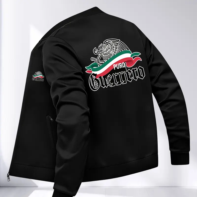 Men's Street Style Regular Jacket with Long Sleeves, Casual Zip Top Featuring Fashionable Graphic Mexican Eagle Print for Daily Wear, Zippered Jacket, Loose Fitting Jacket, Streetwear Jackets, Trendy Outerwear