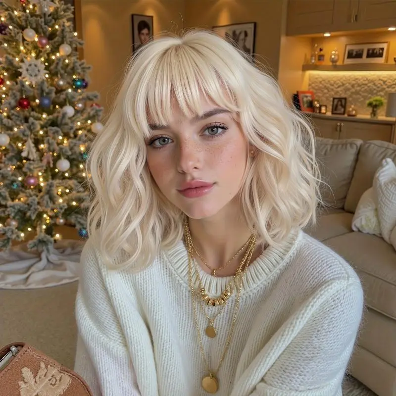 Christmas party wigs, christmas cosplay wigs, christmas themed party wigs, platinum bob with short wavy hair synthetic wigs for women casual, futuristic, party vibes, perfect for trendy and fashion-conscious users, cute and playful