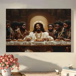 Framed African American Jesus Last Supper Wood Oil Painting Print - 1 Piece Decorative Religious Wall Art, Depicts Last Supper Scene with Apostles & Disciples, Suitable for Home & Church, Christmas Gift for Him