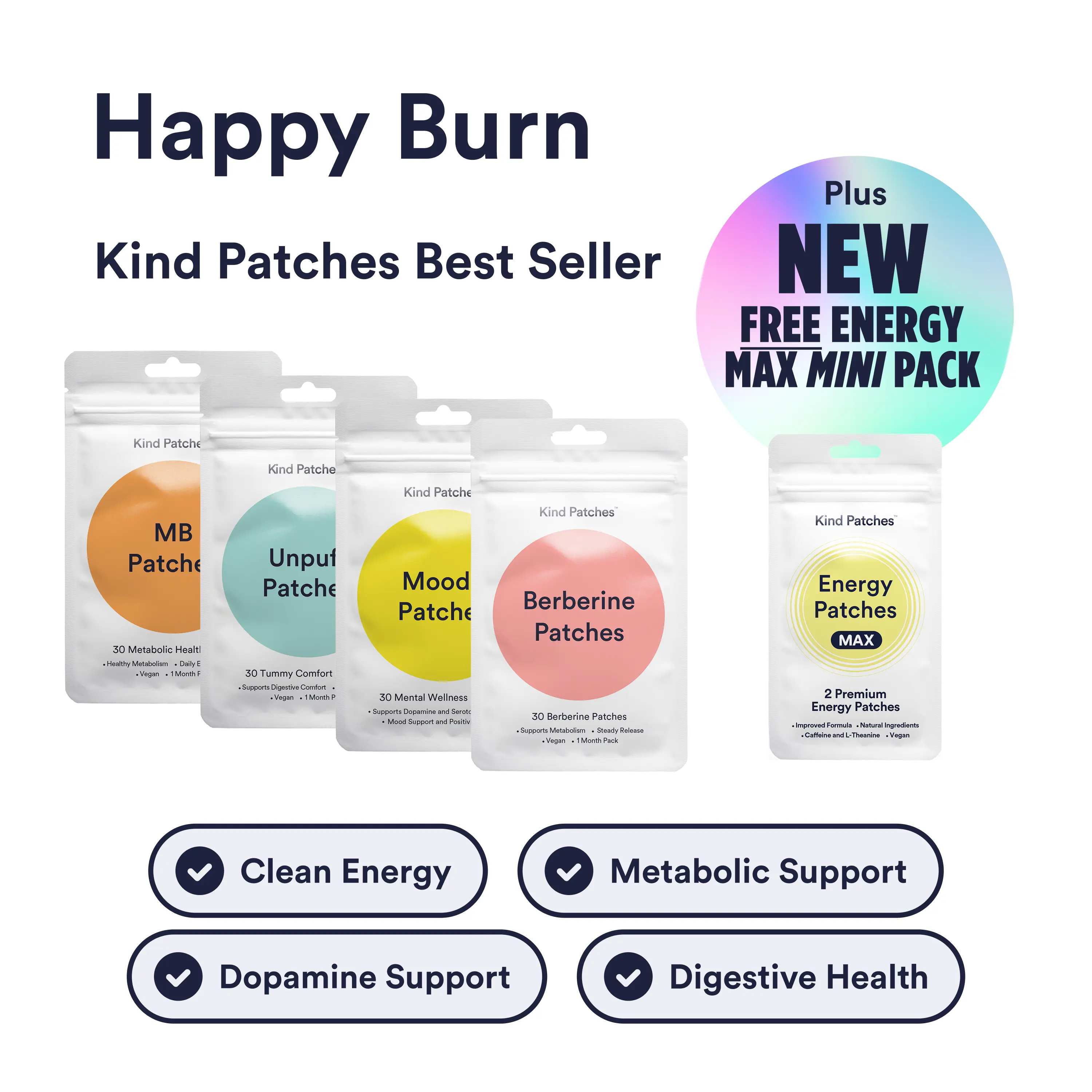 Kind Patches Happy Burn Bundle, Mood+ Patches + MB Patches + Berberine Patches + Unpuff Patches, Metabolic/Mood Support, Clean Energy, Balanced Gut, Digestive Health, Natural Ingredients, Vegan