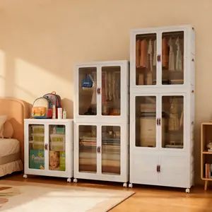 Large Capacity Aesthetic Plastic Storage Cabinet - Foldable, Easy Assembly, with Wheels, Divided Compartments for Home Organizing