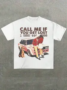 Viral Trendy Call Me If You Get Lost Tyler Album IP White Oversize Short-Sleeve Graphic T-Shirt Front "CALL ME IF YOU GET LOST", Casual Letters Print, Vintage Car + Dog Print Brown Retro Font White Base Fit Soft Fabric Casual Streetwear