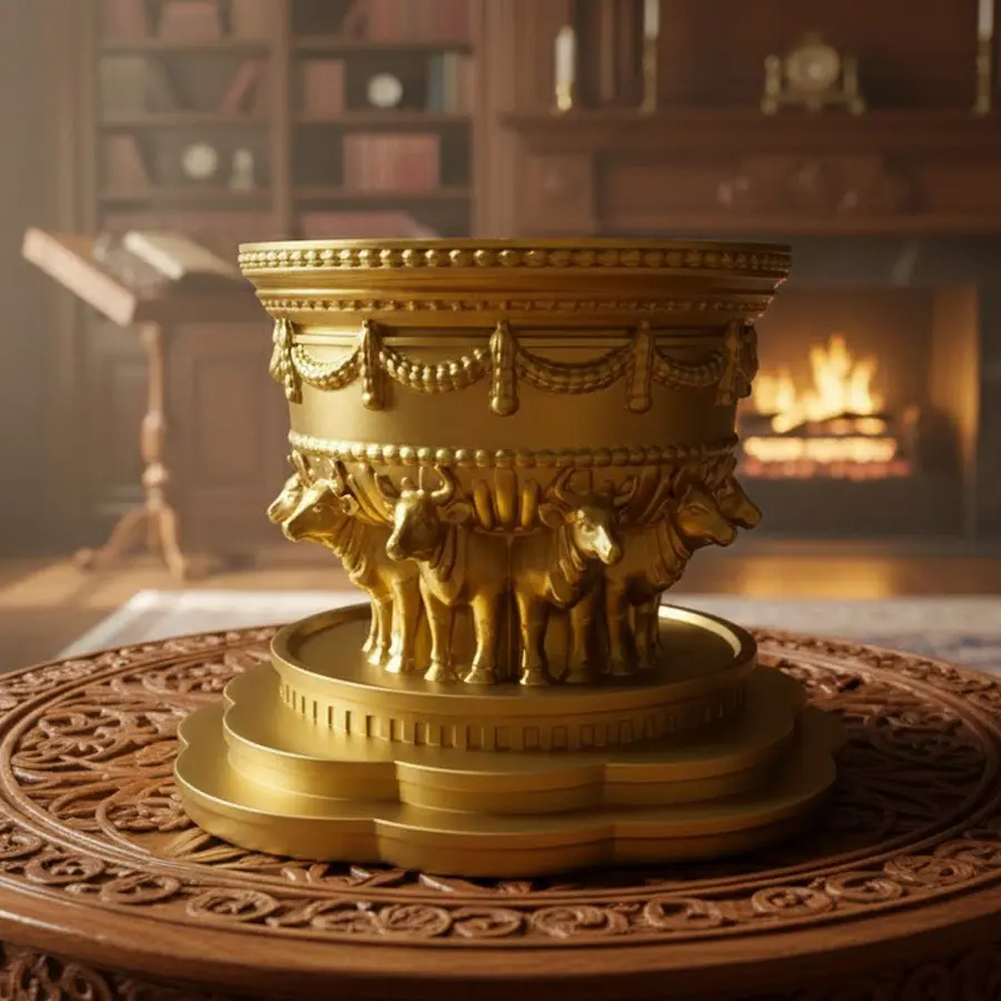 Golden-Plated Metal Biblical Solomon's Sea Replica Basin - Handmade Decorative Figurine with 12 Oxen, Religious Altar Home Decor, Adult Collectibles, Figurines & Miniatures