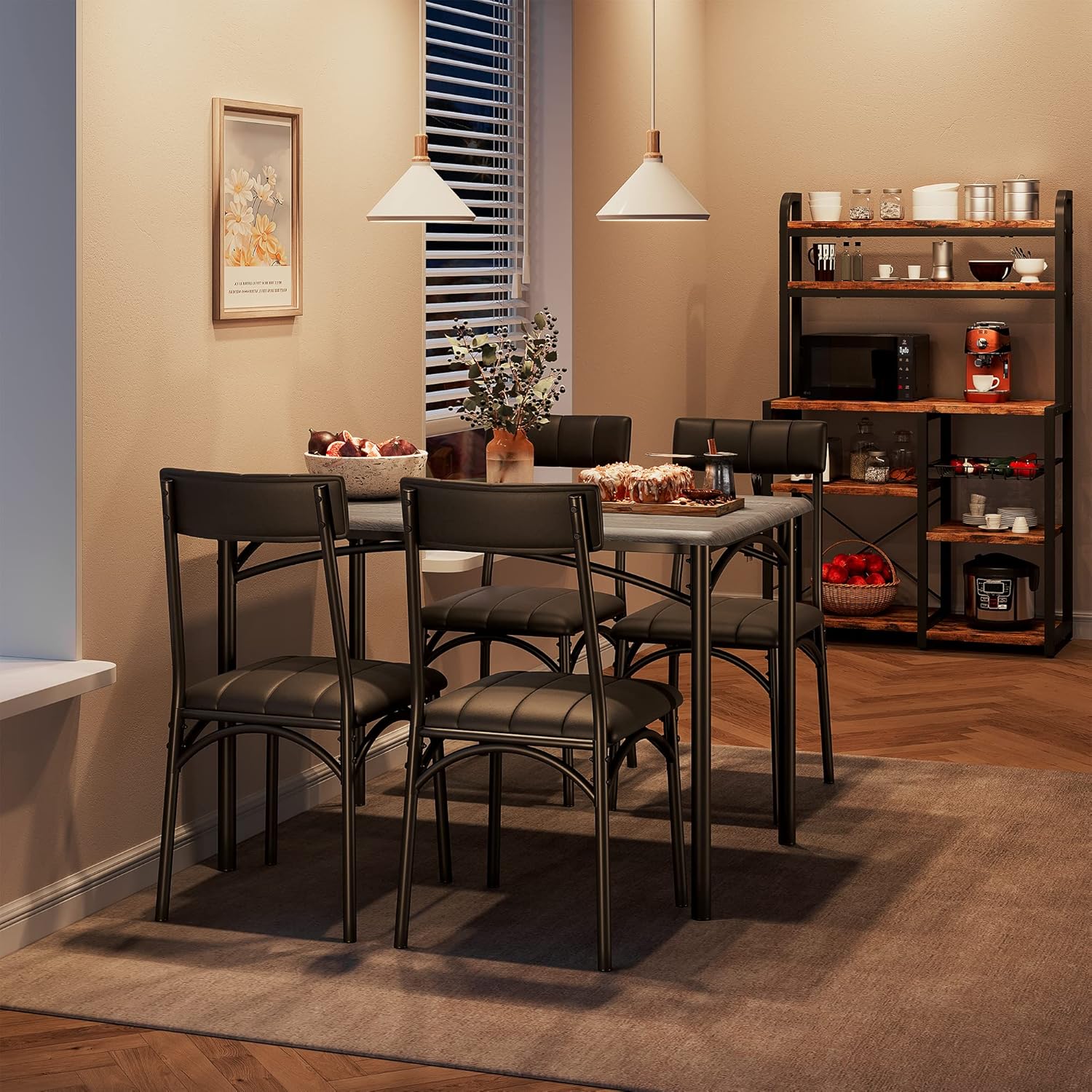 5-Piece Dining Table Set for 4, Modern Farmhouse Kitchen Table with 4 Upholstered Chairs, Space-Saving Dinette for Small Dining Room, Apartment, Breakfast Nook 5-Piece Dining Table Set for 4, Modern Farmhouse Kitchen Table with 4 Upholstered Chairs, Space-Saving Dinette for Small Dining Room, Apartment, Breakfast Nook