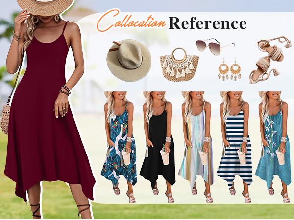 Women's Summer Midi Dress  Hawaiian Bohemian Beach Cover Up Dress Floral Spaghetti Strap Casual Dress with Pockets